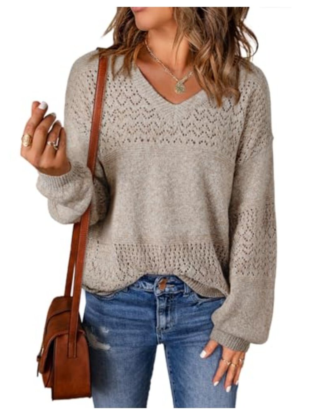 SHEWIN Women's Crochet Pullover Sweater Long Sleeve V-Neck Loose Fit Fall